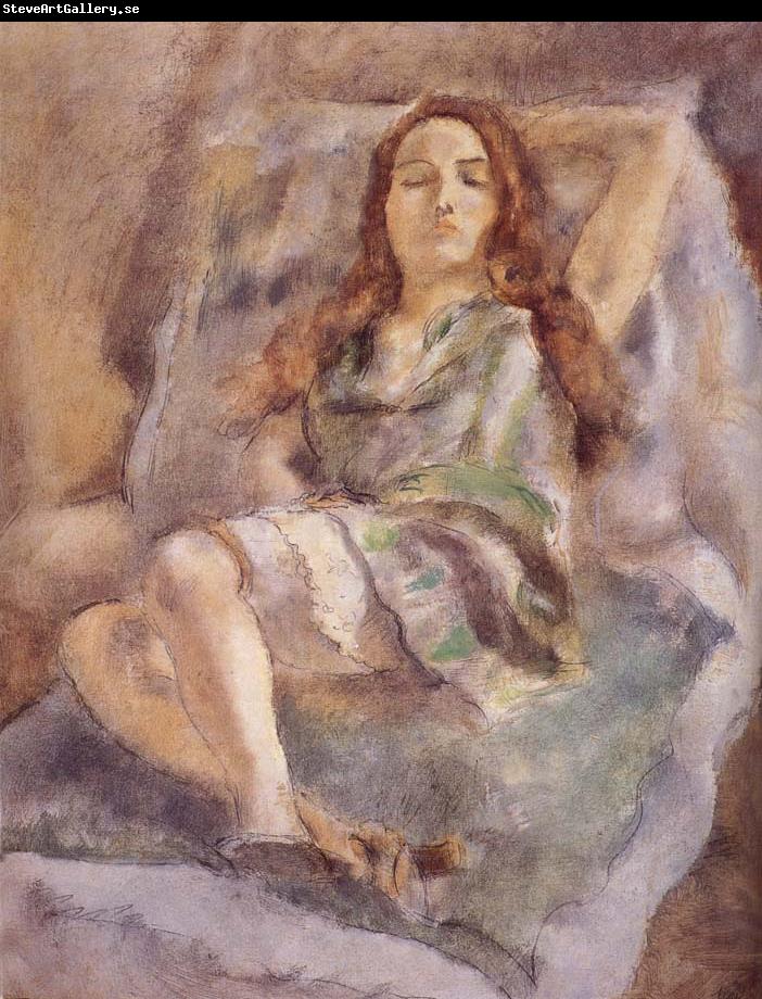 Jules Pascin The red hair girl wearing  green dress